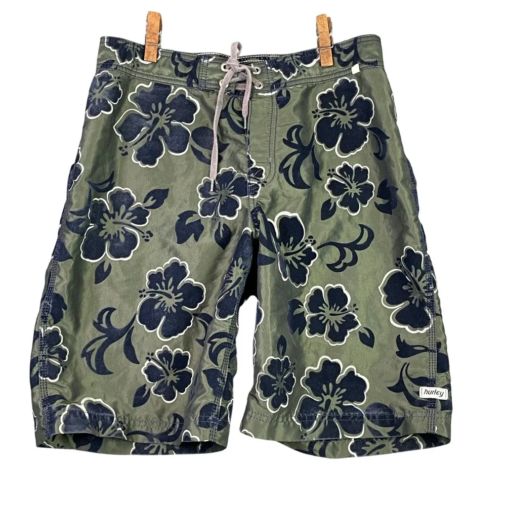 Hurley Board Shorts Mens 34 Green Floral Hibiscus Swim Trunks Board Shorts Surf
